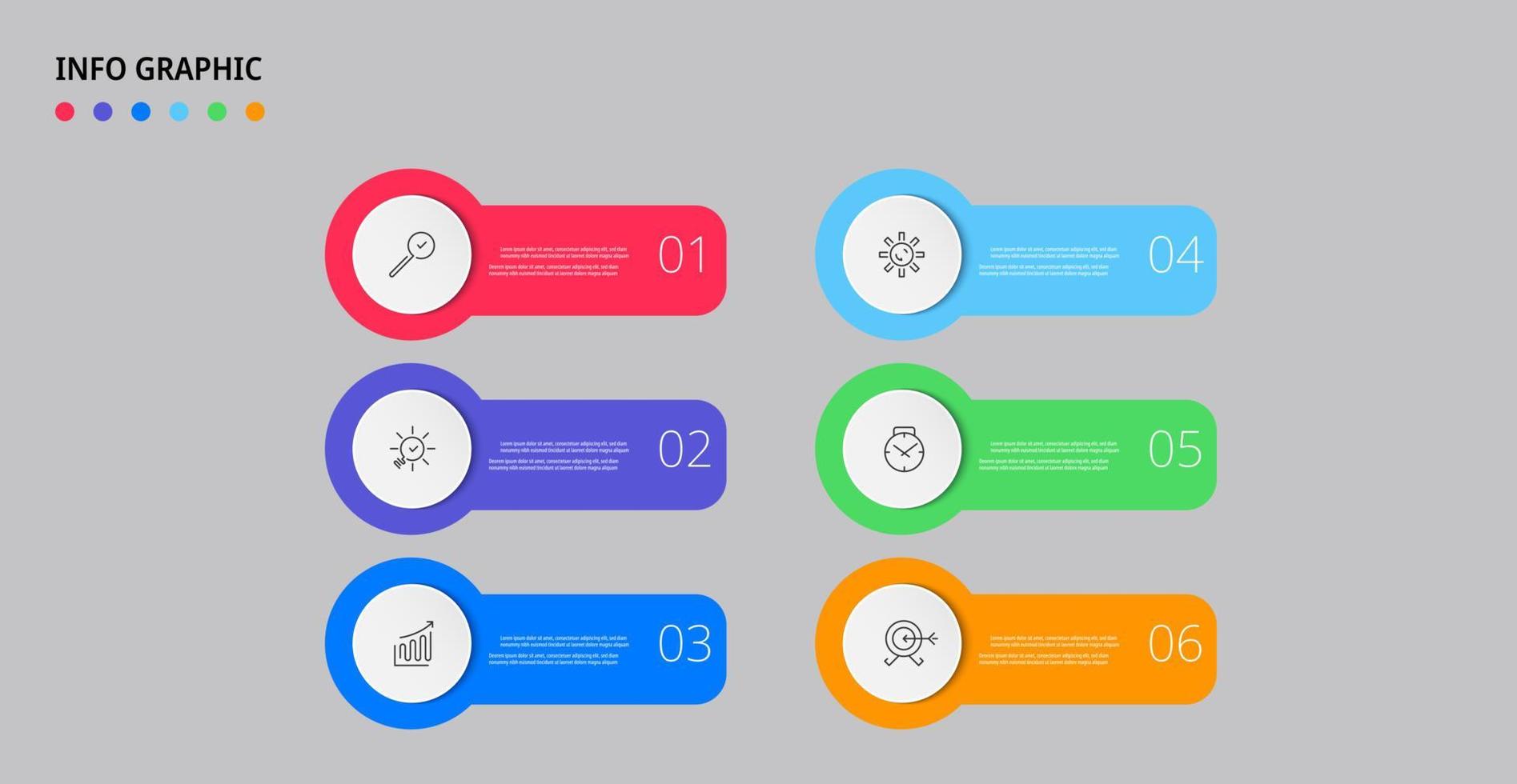 modèle d'entreprise de conception infographique vectorielle avec icônes et 6 options ou étapes. peut être utilisé pour le diagramme de processus, les présentations, la mise en page du flux de travail, la bannière, l'organigramme, le graphique d'informations vecteur