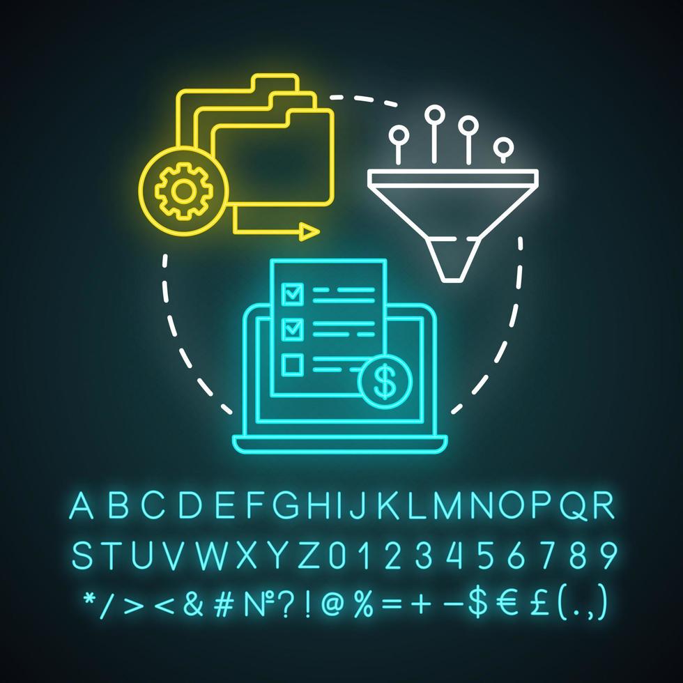 icône de concept de lumière néon consolidator. idée de facturation. idée de facturation illustration fine ligne. regrouper les commandes. consolidation de la dette. signe lumineux avec alphabet et symboles. illustration vectorielle isolée vecteur