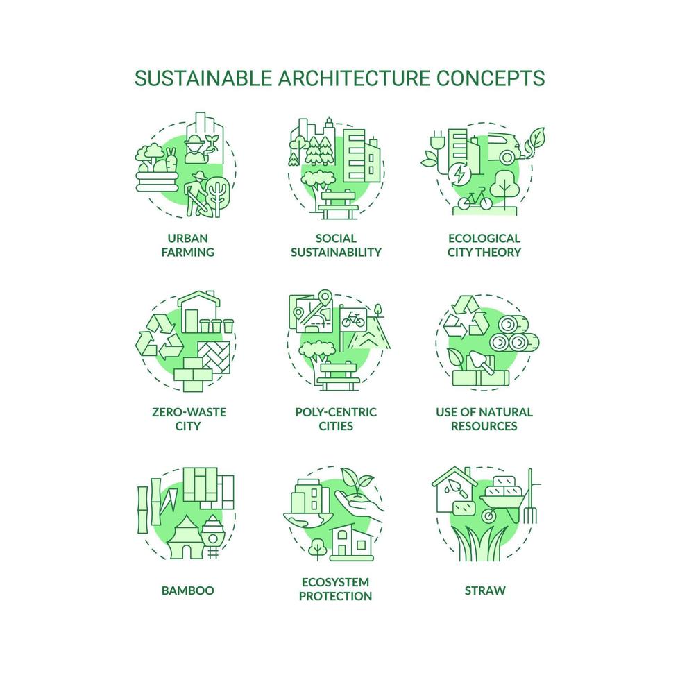 ensemble d'icônes de concept vert d'architecture durable. idée de théorie de la ville écologique illustrations en couleur de ligne mince. symboles isolés. trait modifiable. vecteur