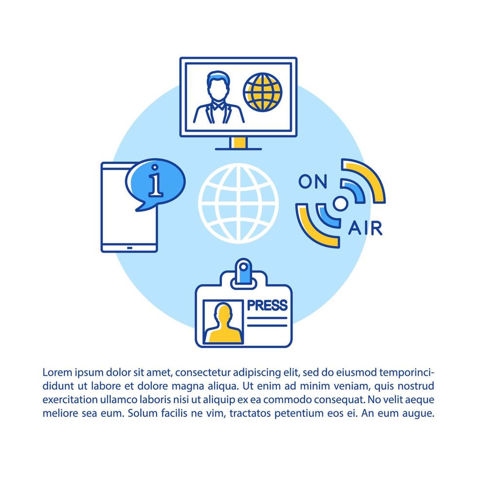 médias d'information, modèle de vecteur de page d'article de l'industrie de la télévision. brochure, magazine, élément de conception de livret avec icônes linéaires et zones de texte. design d'impression. illustrations de concept avec espace de texte