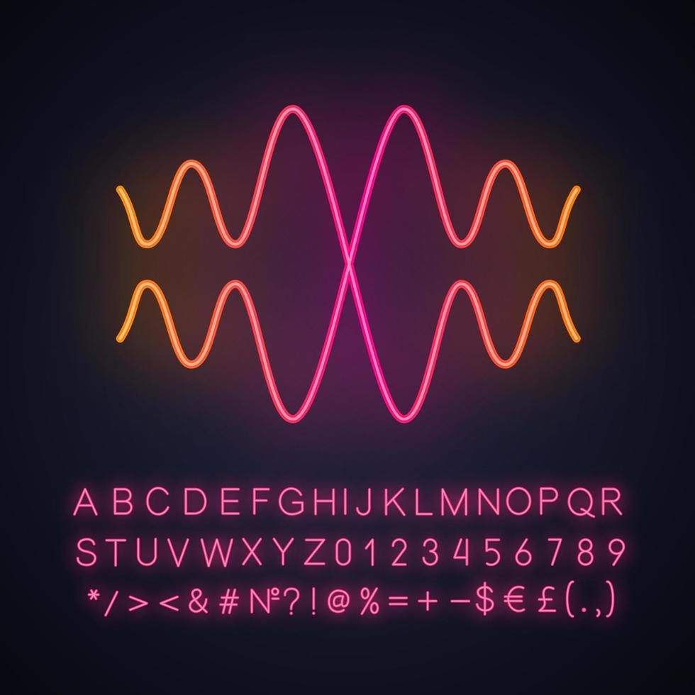 son, icône de néon d'onde audio. vibration, amplitude du bruit. fréquence du rythme musical. signal radio. lignes ondulées de flux d'énergie. signe lumineux avec alphabet, chiffres, symboles. illustration vectorielle isolée vecteur