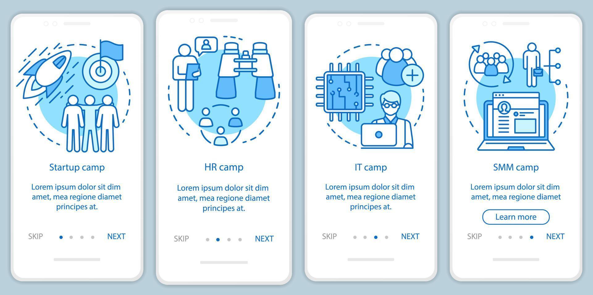 démarrage, camps d'entreprise embarquant l'écran de la page de l'application mobile avec des concepts linéaires. construction d'équipe, instructions graphiques d'étapes de formation rh. ux, ui, modèle vectoriel gui avec illustrations