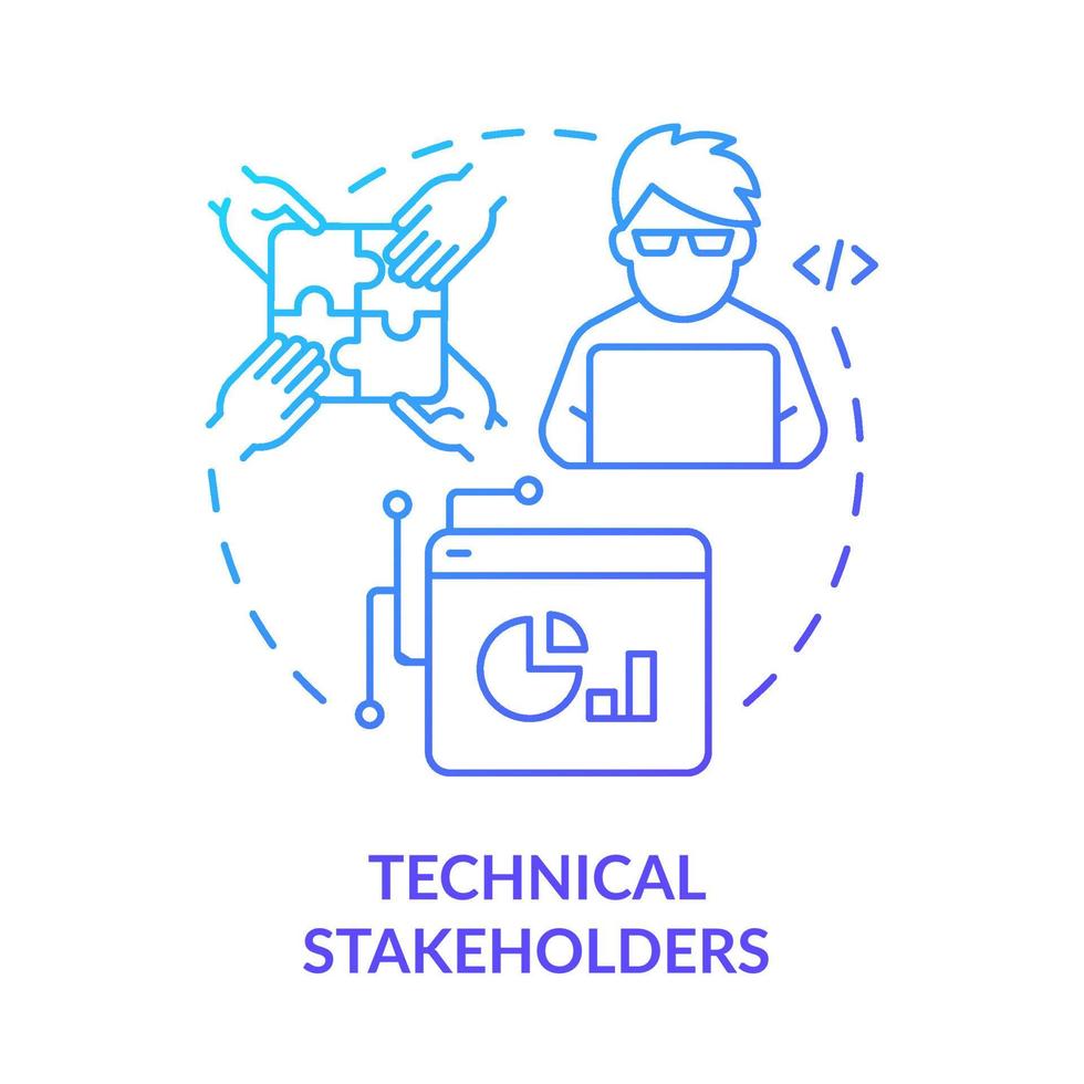icône de concept de dégradé bleu des intervenants techniques. il spécialiste et développeur. type d'illustration de ligne mince d'idée abstraite de partie prenante. dessin de contour isolé. vecteur