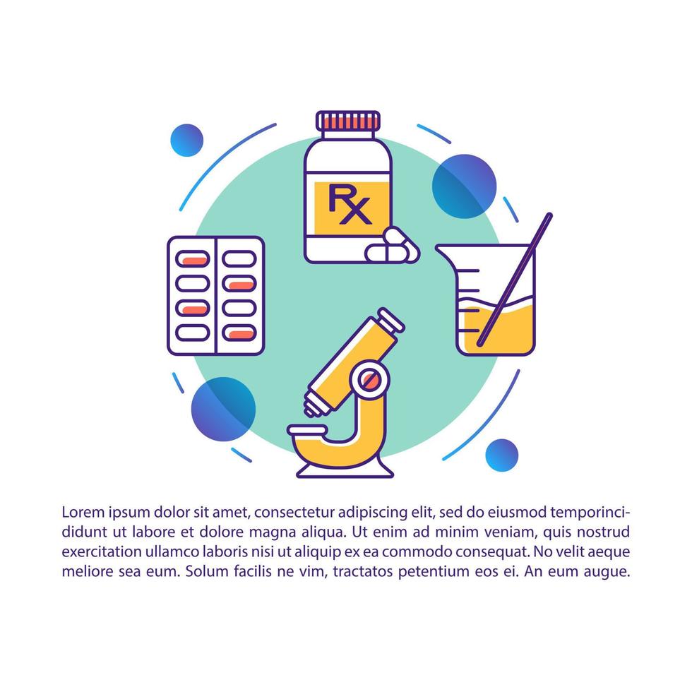 modèle de vecteur de page d'article de production pharmaceutique. vente au détail de médicaments. brochure, magazine, élément de conception de livret avec icônes linéaires et zones de texte. design d'impression. illustrations de concept avec espace de texte