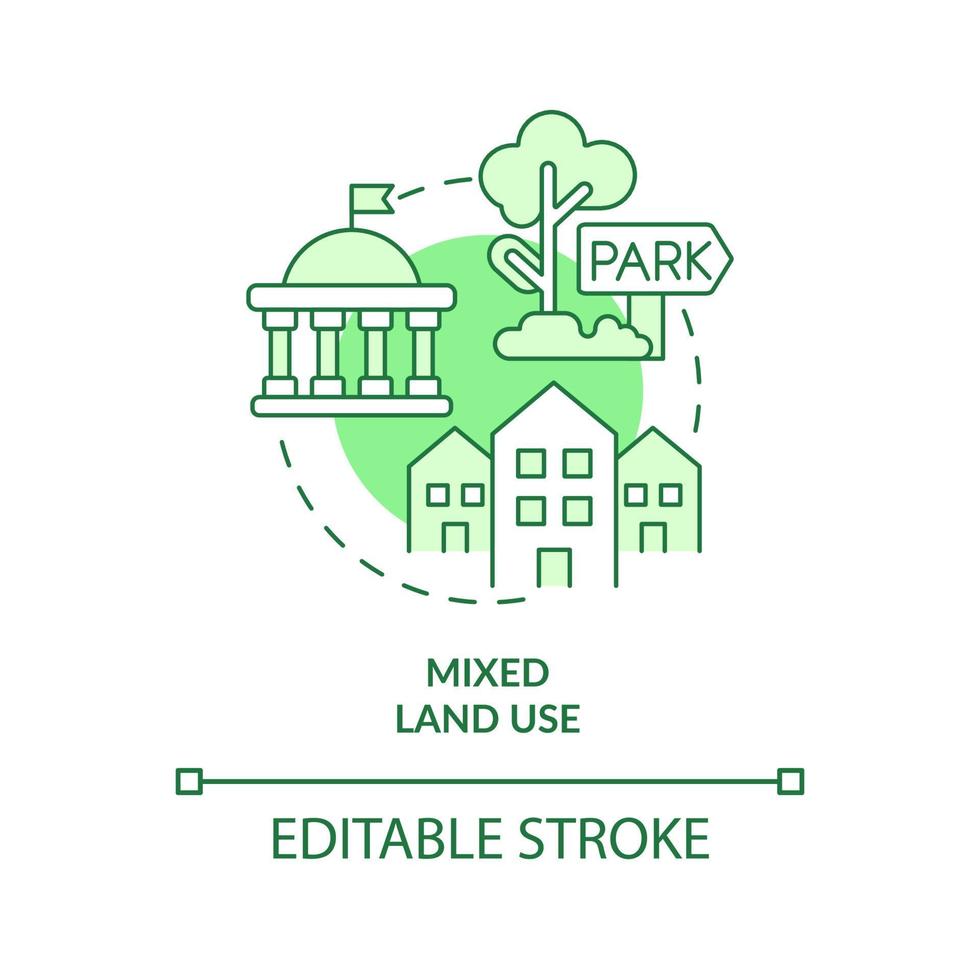 icône de concept vert d'utilisation mixte des terres. création de villes respectueuses de l'environnement idée abstraite illustration en ligne mince. espaces publics. dessin de contour isolé. trait modifiable. vecteur