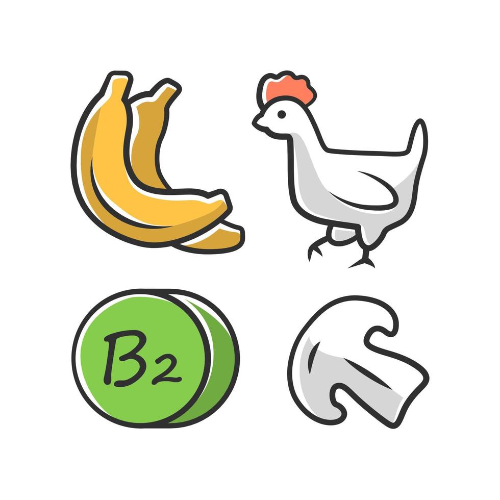 icône de couleur vitamine b2. bananes, volaille et champignons. alimentation équilibrée. source alimentaire naturelle de riboflavine. nutrition adéquat. fruits, produits à base de viande. minéraux, antioxydants. illustration vectorielle isolée vecteur