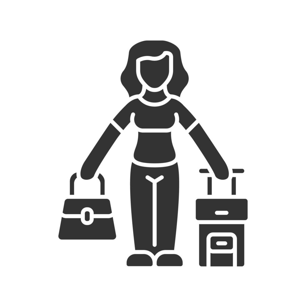 icône de glyphe de femme immigrante. voyageur, vacancier, passager avec sac à main et valise. voyager à l'étranger. immigration, tourisme. symbole de la silhouette. espace négatif. illustration vectorielle isolée vecteur