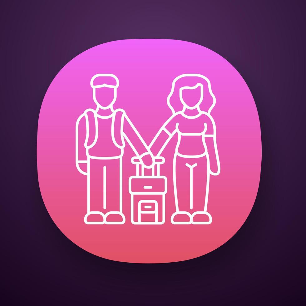 icône de l'application des immigrants de la catégorie de la famille. couple voyage à l'étranger avec valise. voyage en famille, vacances, tourisme. touristes, voyageurs. interface utilisateur ui ux. application web ou mobile. illustration vectorielle isolée vecteur