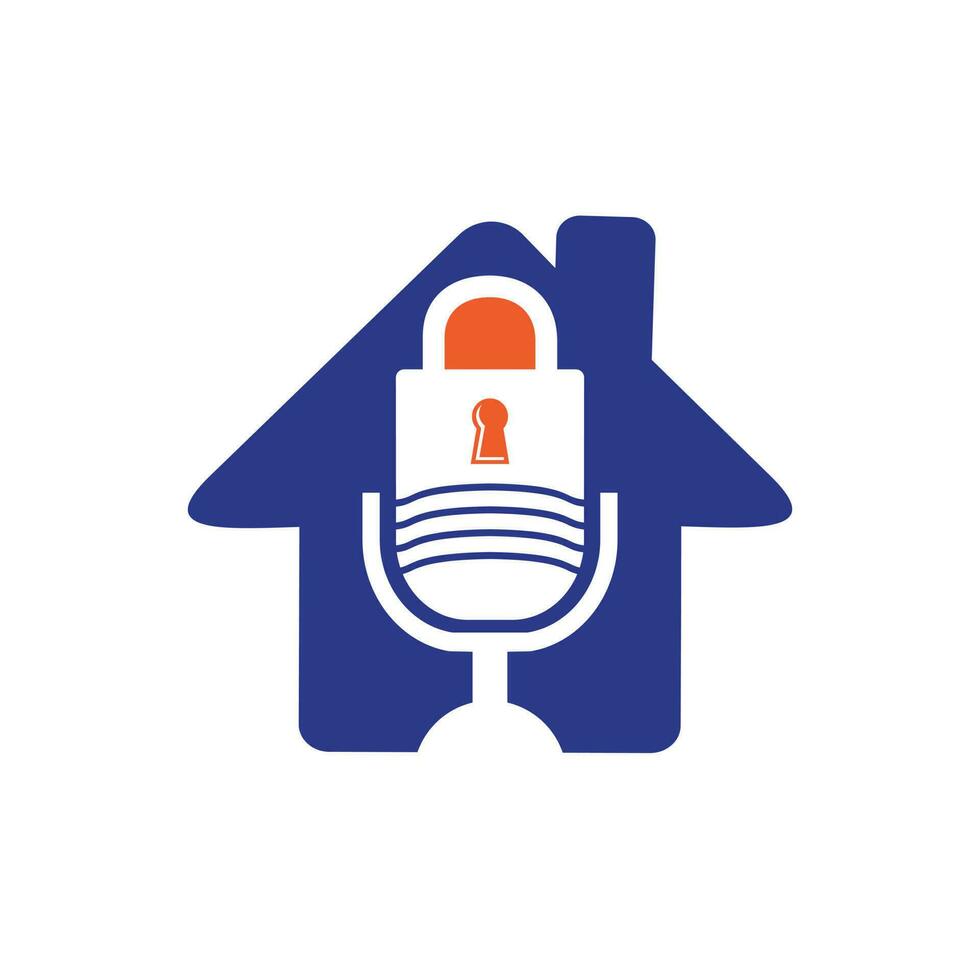 création de logo vectoriel de podcast en toute sécurité. cadenas et micro avec création de logo vectoriel icône maison.