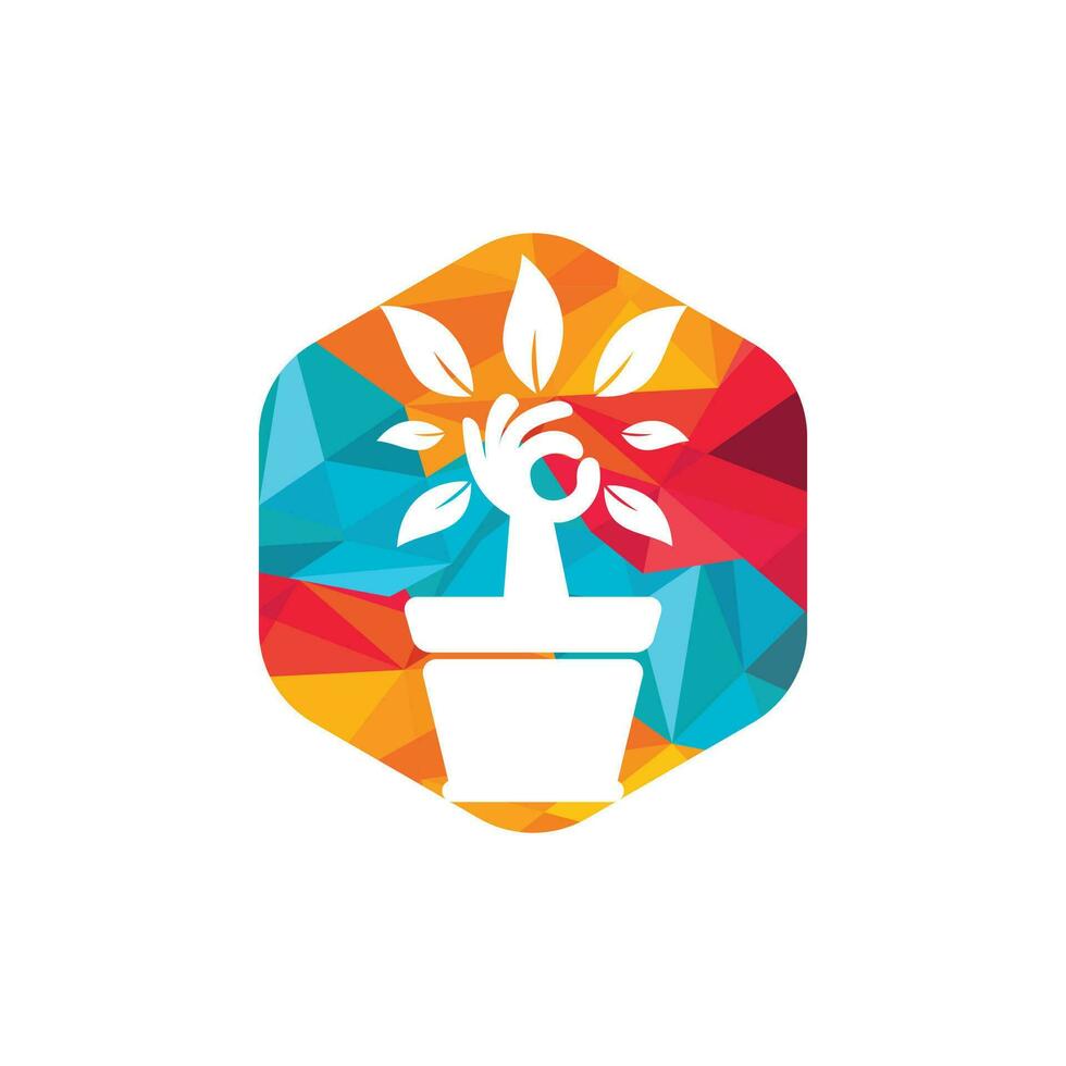 création de logo vectoriel de jardin écologique. arbre à main avec design d'icône de pot de fleur.