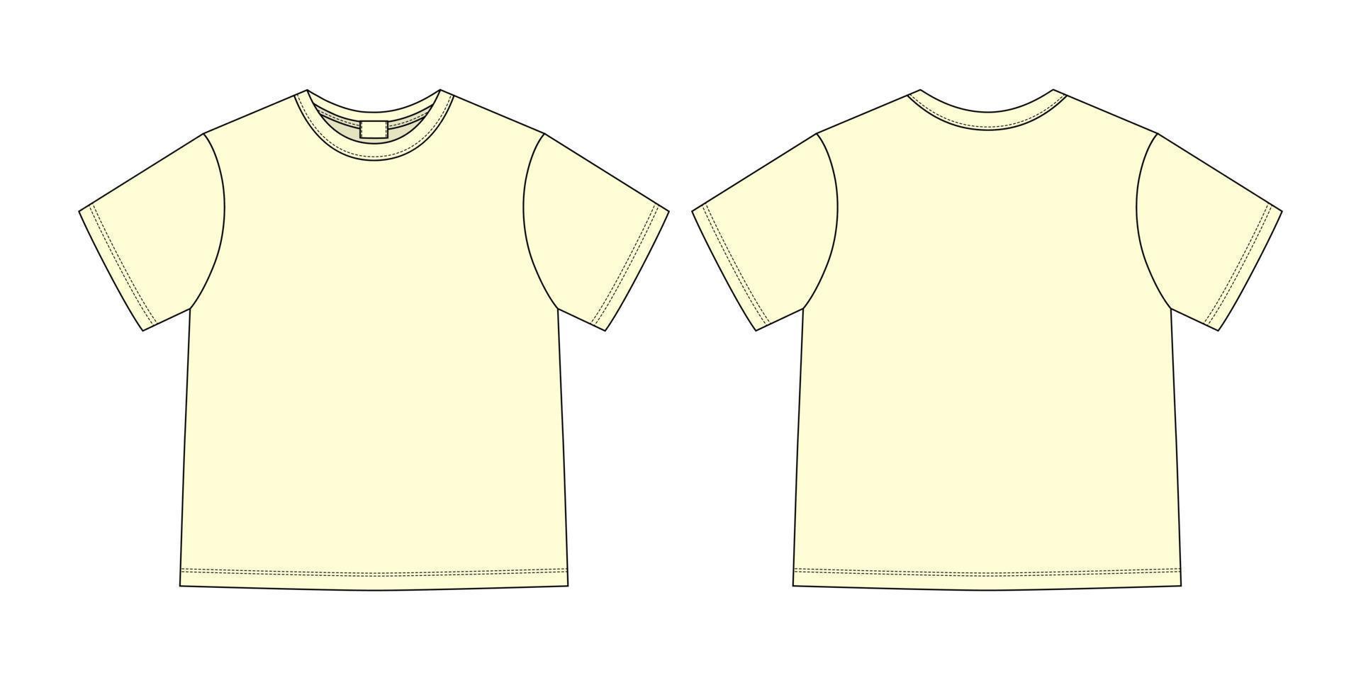 croquis technique de vêtements t-shirt unisexe. couleur jaune clair. modèle de conception de t-shirt. vues avant et arrière. vecteur