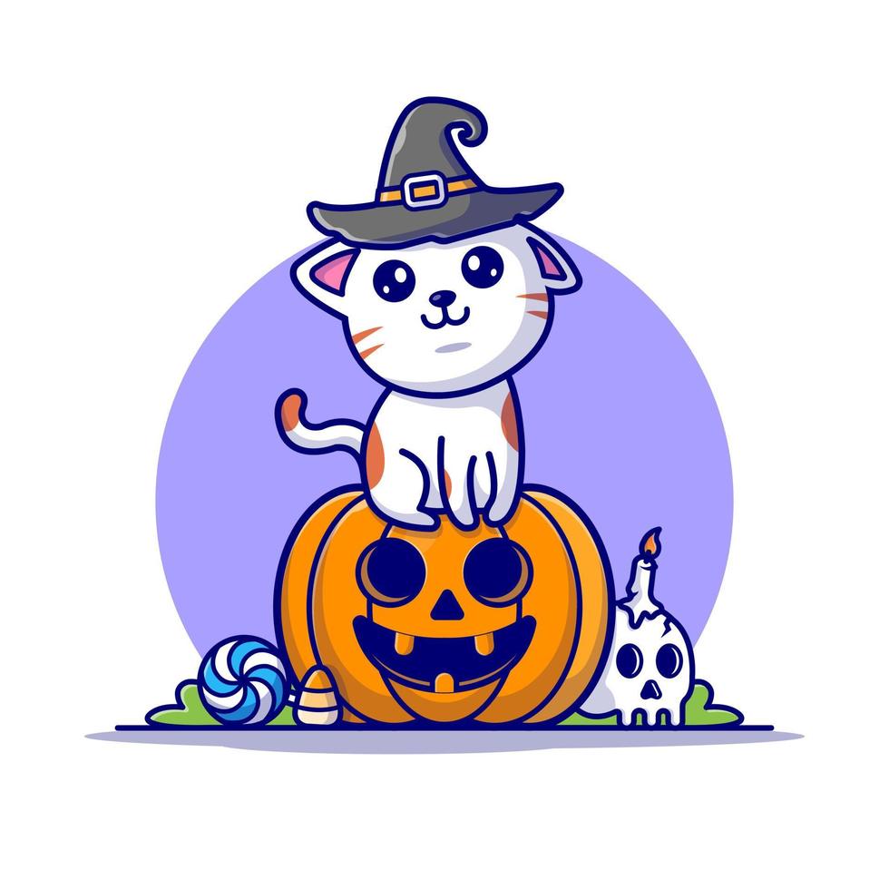 mignon chat sorcière assis citrouille halloween dessin animé icône illustration vectorielle. concept d'icône de vacances animales isolé vecteur premium. style de dessin animé plat