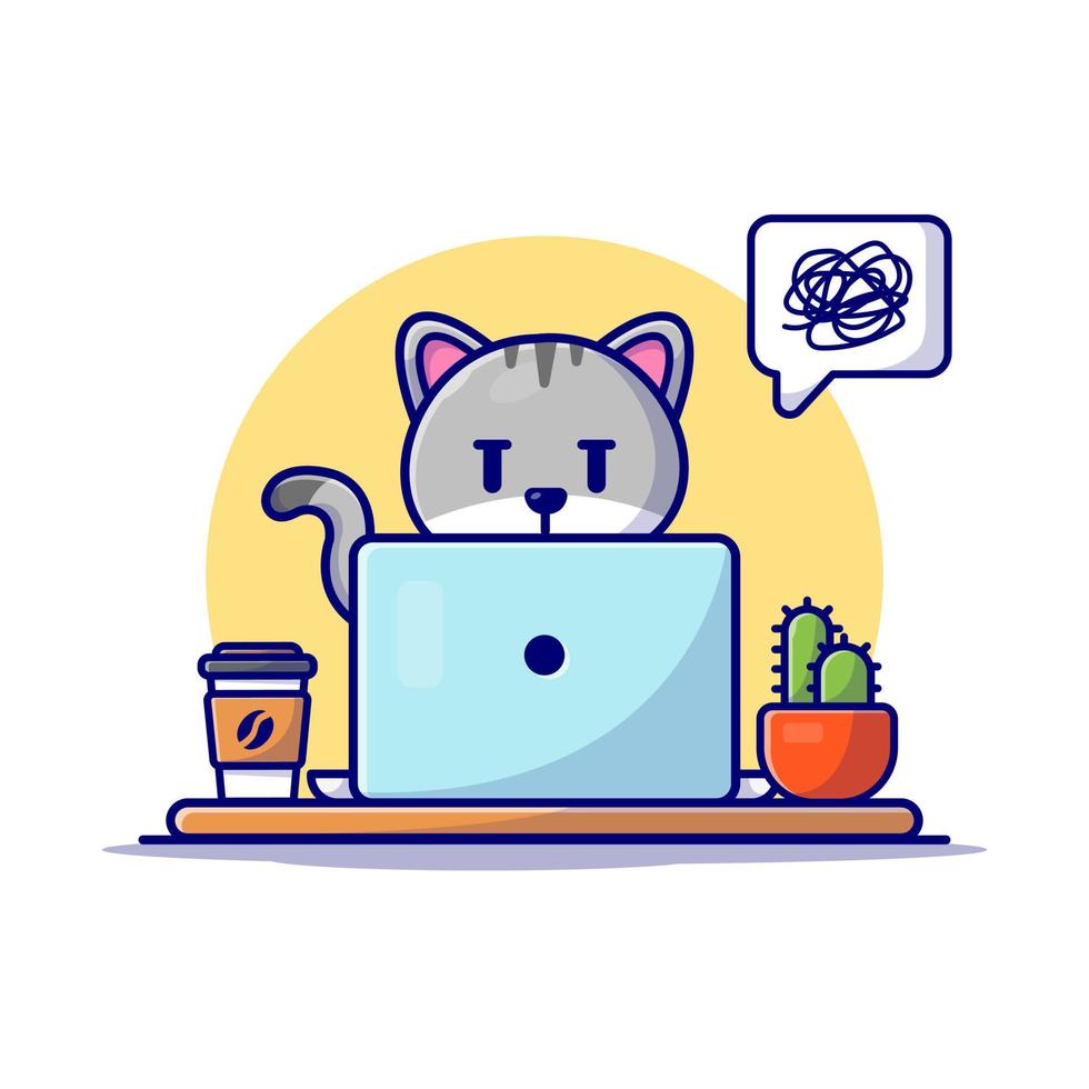 chat mignon travaillant sur ordinateur portable avec illustration d'icône de vecteur de dessin animé de café. concept d'icône de technologie animale isolé vecteur premium. style de dessin animé plat