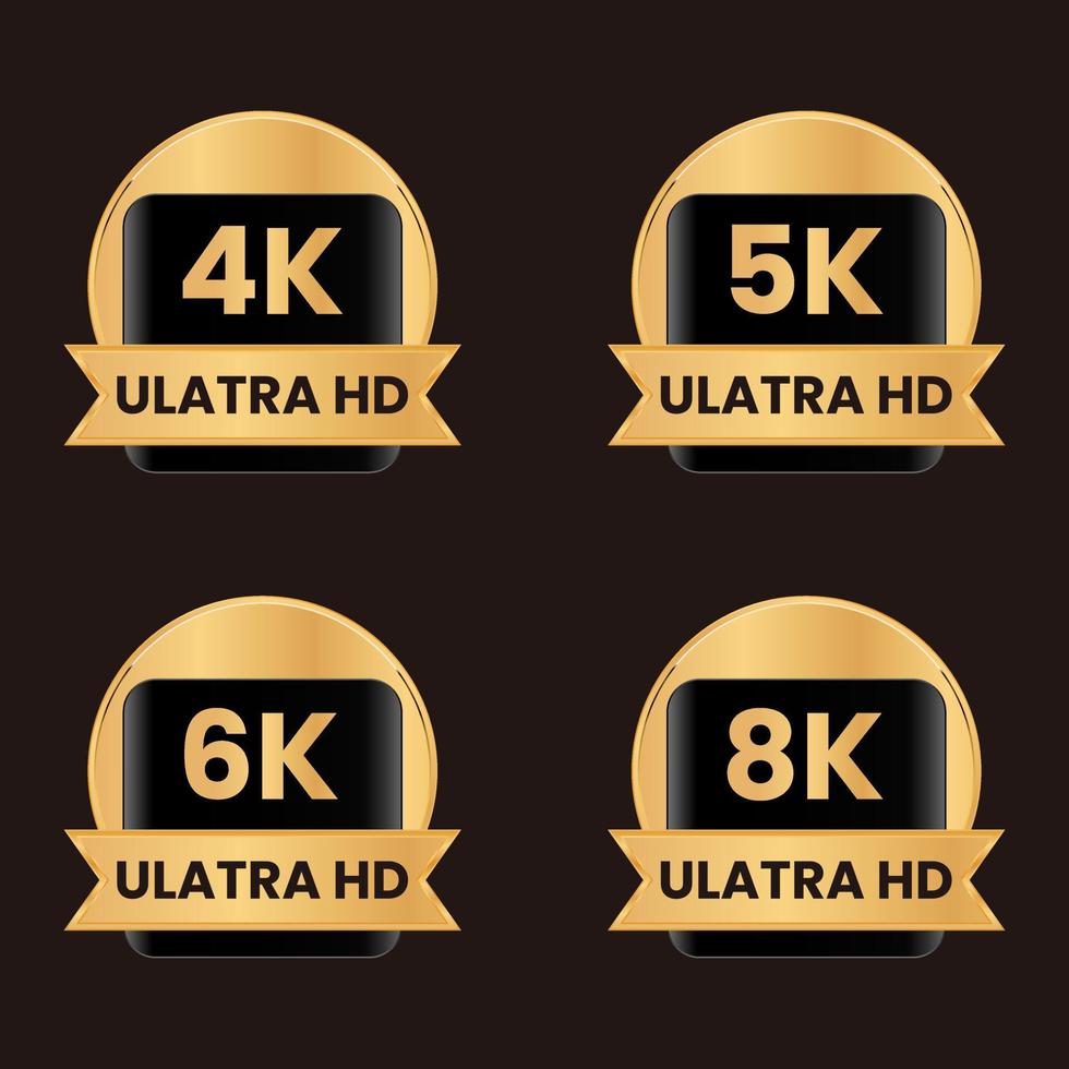 ensemble de boutons de résolution vidéo ultra hd doré 8k, 6k, 5k, 4k vecteur