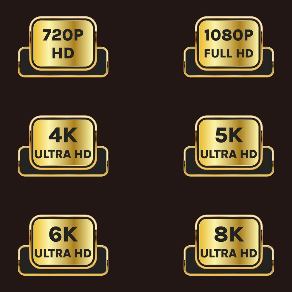 4k ultra hd, 5k ultra hd, 6k ultra hd, 8k ultra hd, 1080p full hd, ensemble de logos d'icônes de résolution hd 720p vecteur