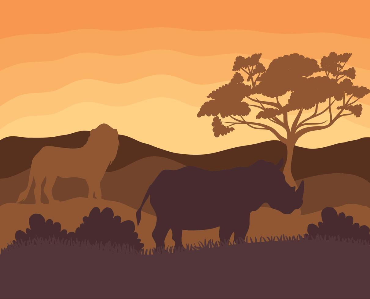 savane africaine avec rhinocéros vecteur