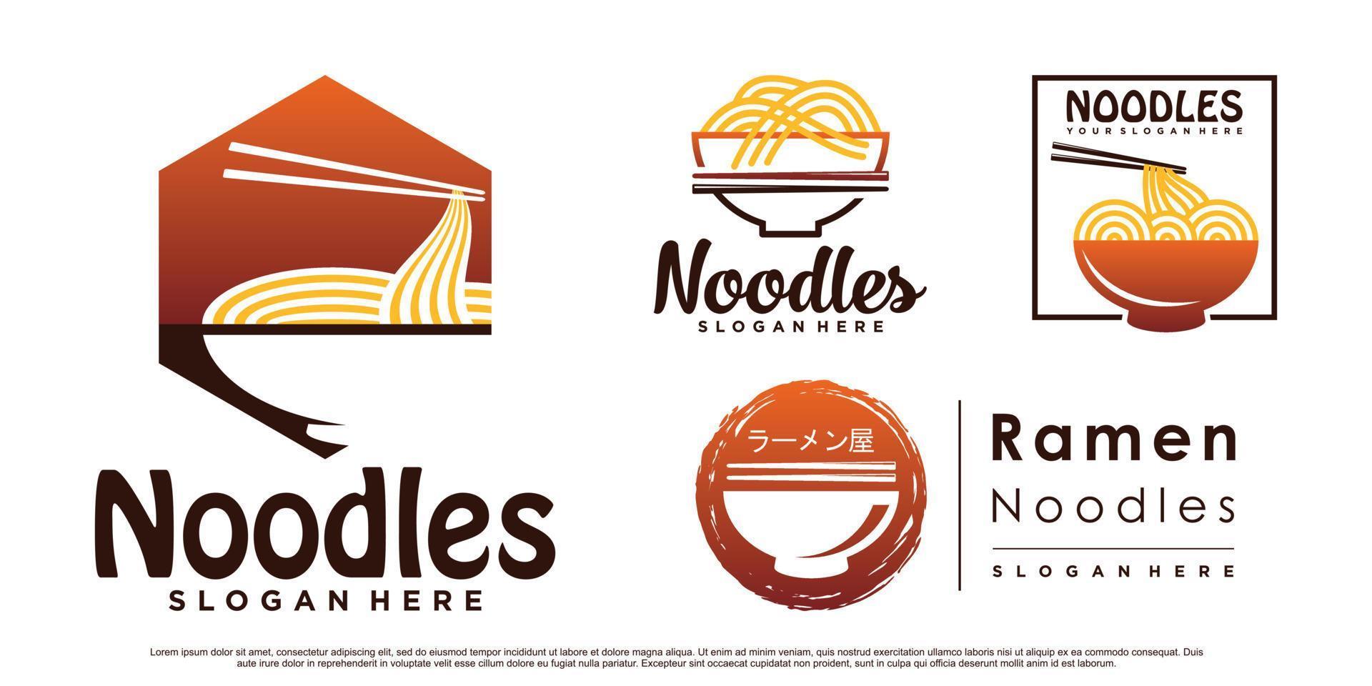 ensemble de conception de logo d'icône de nouilles ramen avec bol, baguettes et vecteur premium de concept créatif