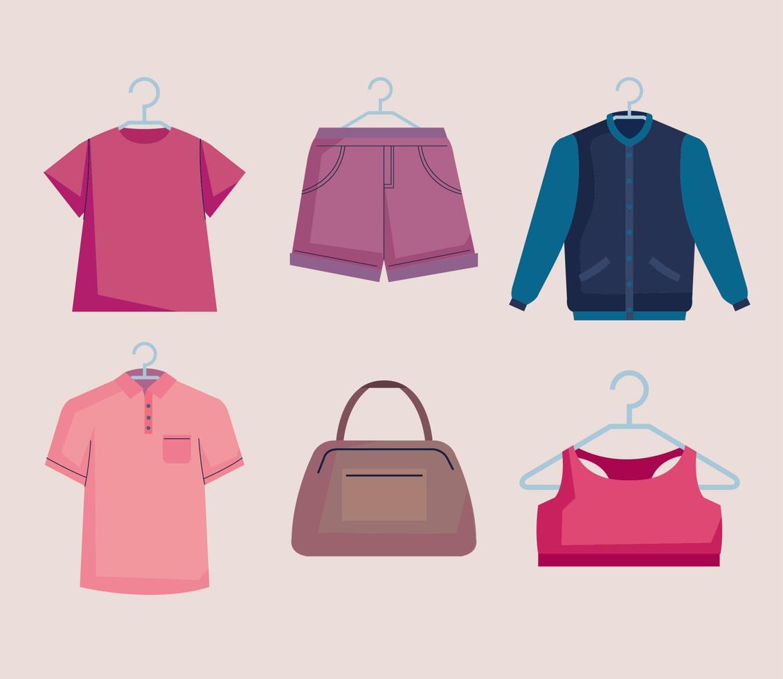 six icônes de shopping de mode vecteur