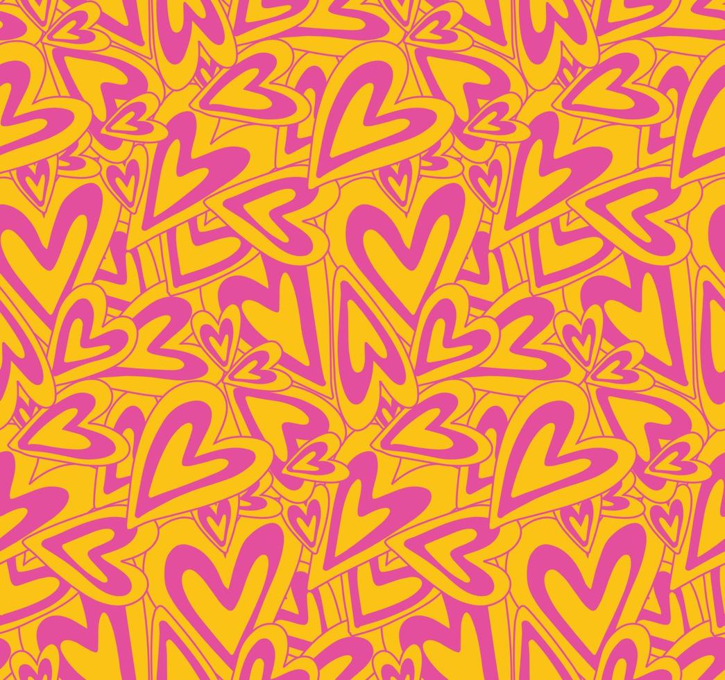 coeurs jaunes violets groovy fond vectoriel sans couture des années 90. fond d'écran de texture de répétition romantique hippie rétro, design textile.