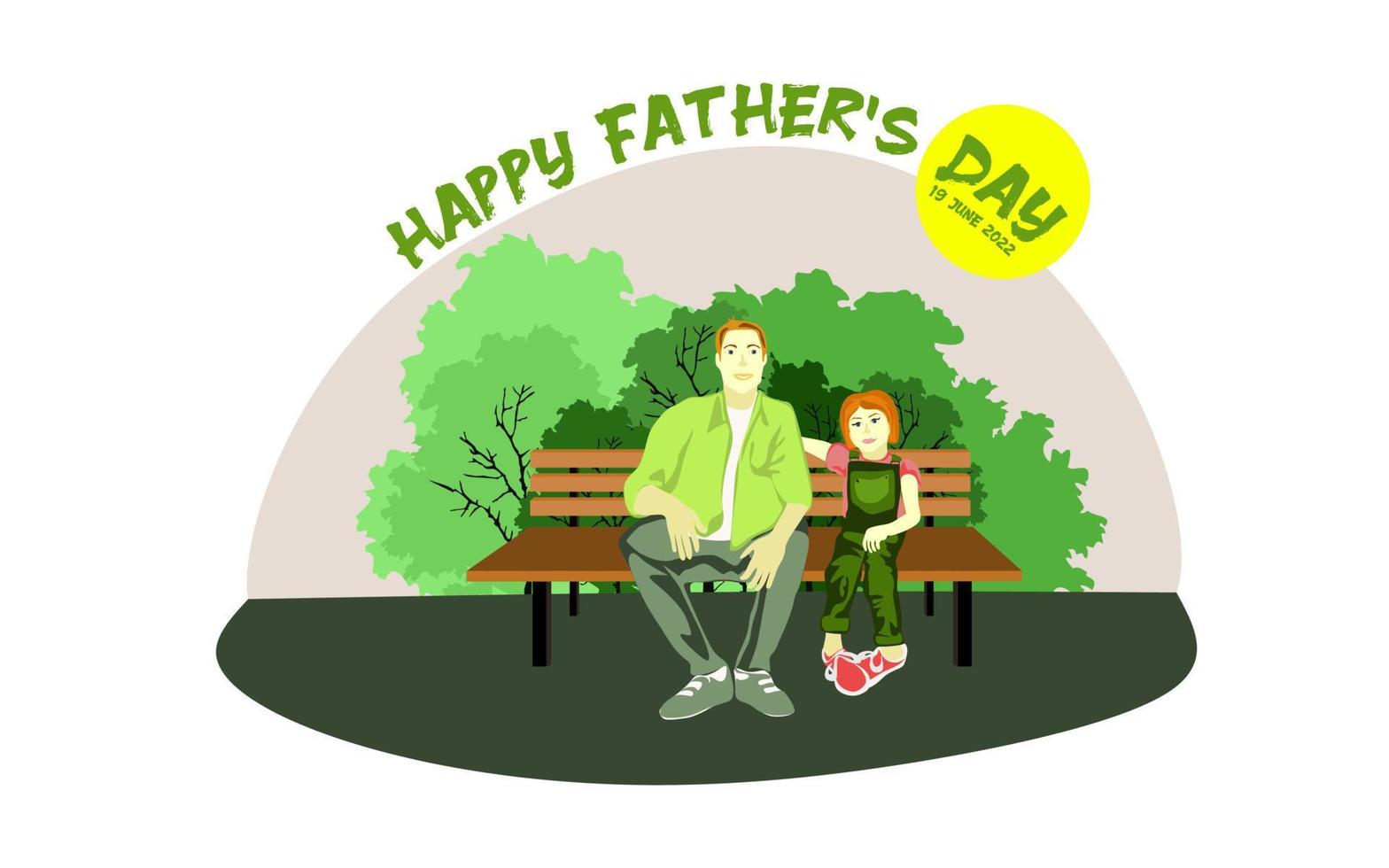 une famille européenne heureuse est assise sur un banc de parc par temps ensoleillé. conception vectorielle conceptuelle de la fête des pères heureux. père est assis sur un banc avec ses enfants vecteur