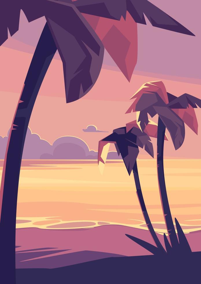paysage avec palmiers et océan au coucher du soleil. paysage d'été au format vertical. vecteur