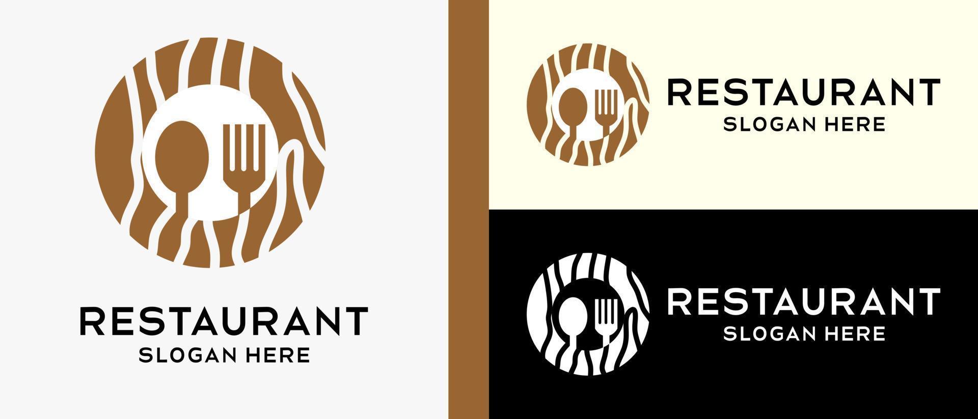 modèle de conception de logo de restaurant, cuillère et fourchette en cercle avec motif en bois. illustration vectorielle vecteur