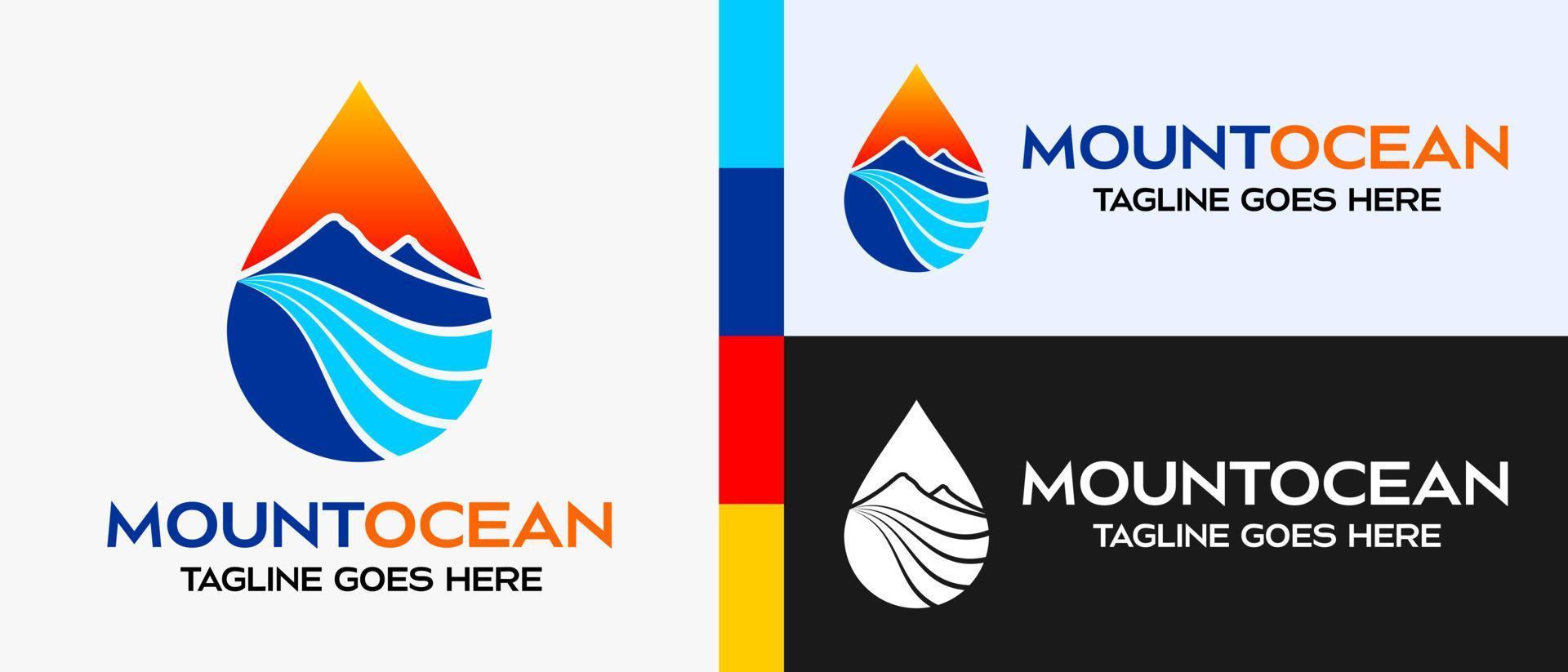 modèle de logo de conception de montagnes et de mer. icône des montagnes et de la mer ou du lac en gouttes d'eau. illustration vectorielle de logo extérieur. vecteur