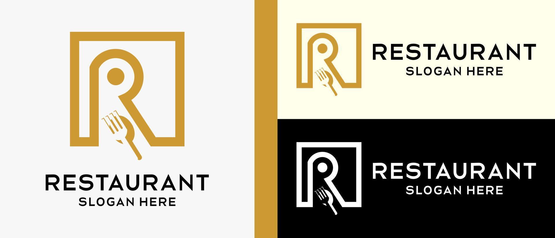 modèle de conception de logo de restaurant, cuillère et fourchette avec lettre r dans une boîte. illustration vectorielle vecteur