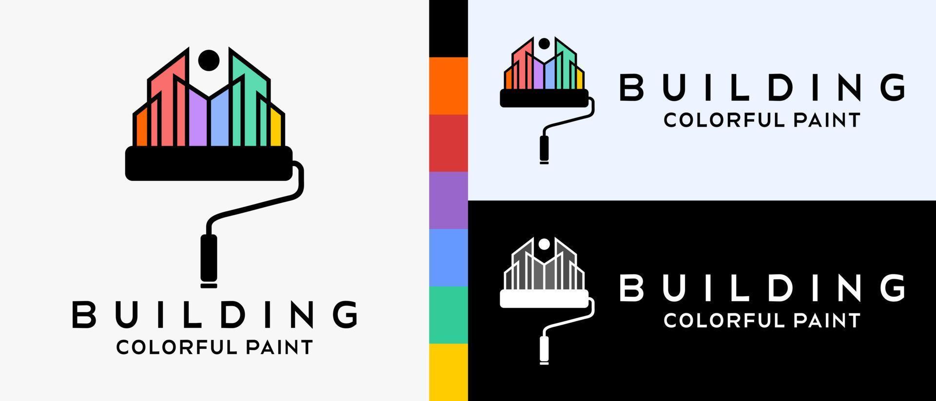 modèle de conception de logo de peinture de bâtiment cool. pinceau à rouleau et bâtiment avec concept coloré. illustration de logo pour peinture murale ou de construction. vecteur premium