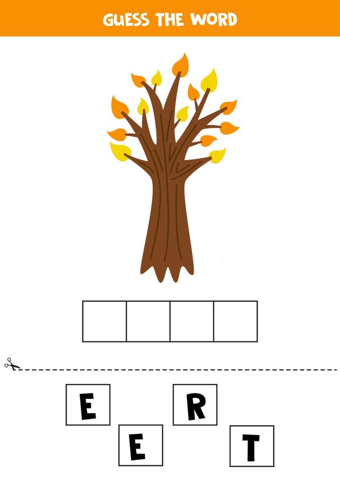 jeu d'orthographe pour les enfants d'âge préscolaire. arbre d'automne de dessin animé. vecteur