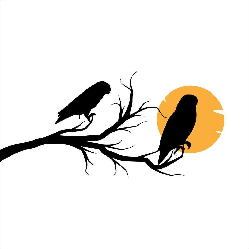 silhouette de deux oiseaux dans une branche d'arbre au soleil vecteur