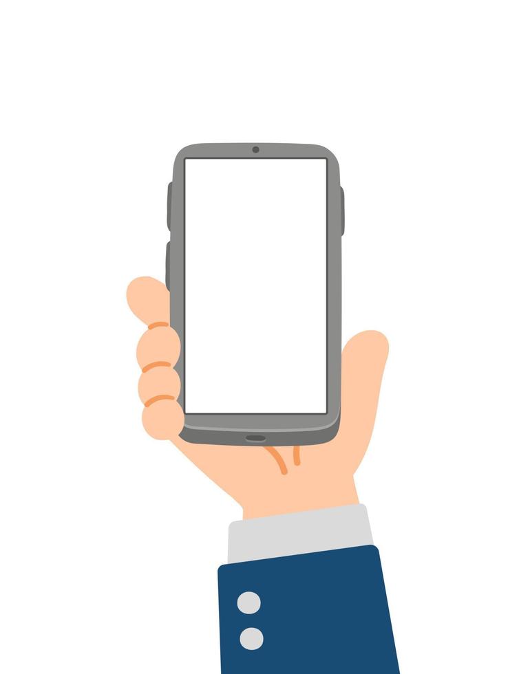 main tenant le smartphone noir avec écran blanc isolé sur fond blanc vecteur