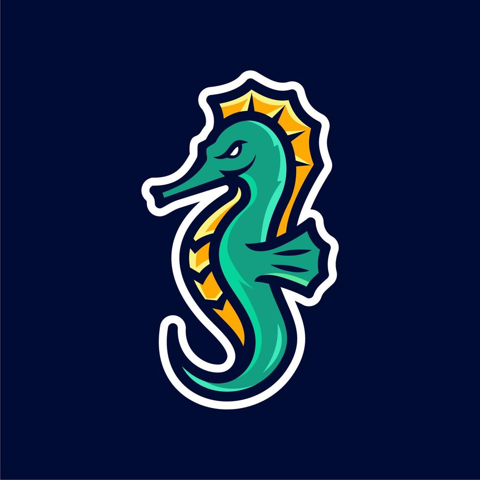 création de logo de sport de mascotte d'hippocampe. illustration vectorielle de mascotte de cheval de mer illustration vectorielle de logo en couleur verte et jaune vecteur