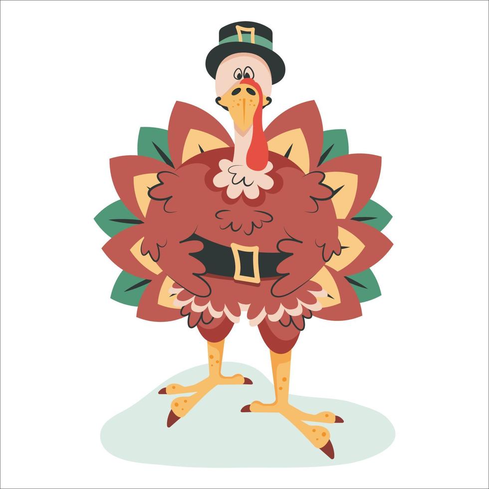 dinde de thanksgiving isolée sur fond blanc. la dinde heureuse mignonne félicite avec le jour de thanksgiving. personnage de dessin animé drôle au chapeau noir comme élément traditionnel national. illustration vectorielle vecteur