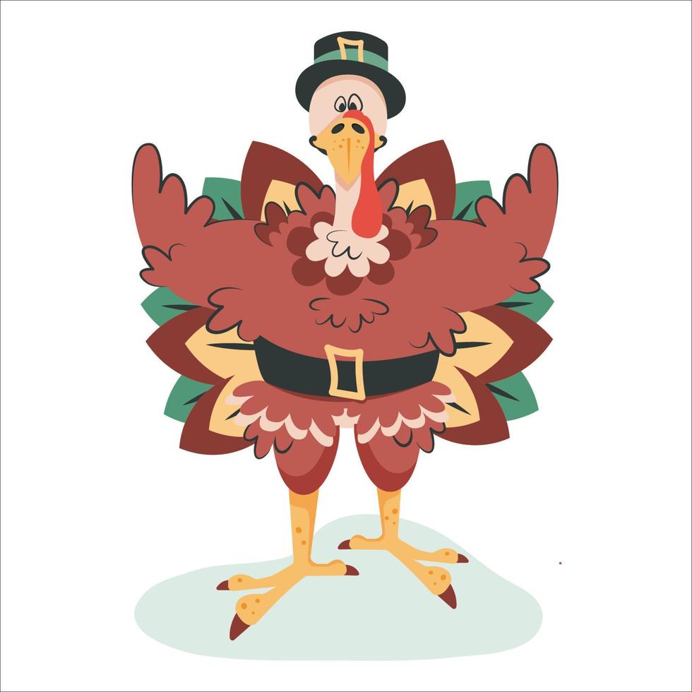 dinde de thanksgiving isolée sur fond blanc. la dinde heureuse mignonne félicite avec le jour de thanksgiving. personnage de dessin animé drôle au chapeau noir comme élément traditionnel national. illustration vectorielle vecteur