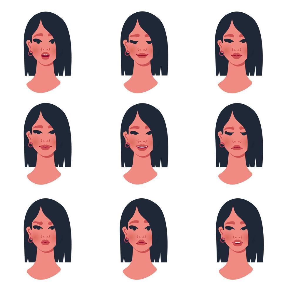 belle fille avec différentes émotions. portrait féminin avec un visage heureux, triste, en colère, surpris. ensemble de personnages féminins aux humeurs différentes. modèle d'avatar. illustration de dessin animé de vecteur