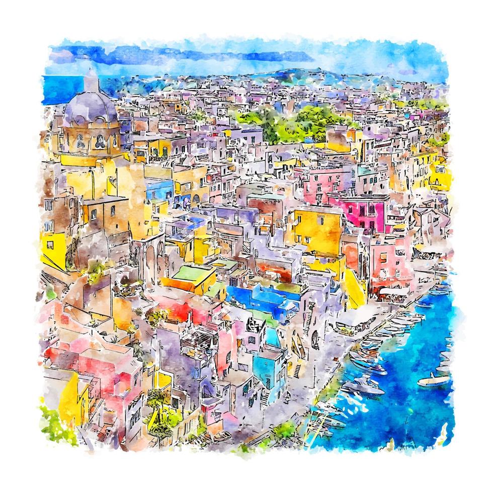 procida italie croquis aquarelle illustration dessinée à la main vecteur