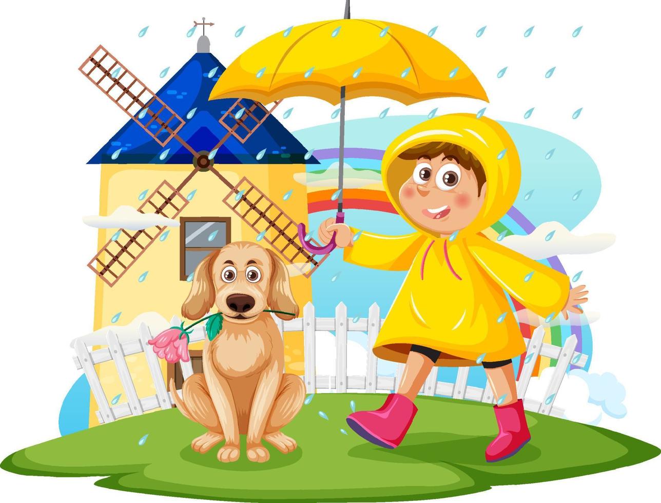 jour de pluie avec une fille en imperméable et un chien vecteur