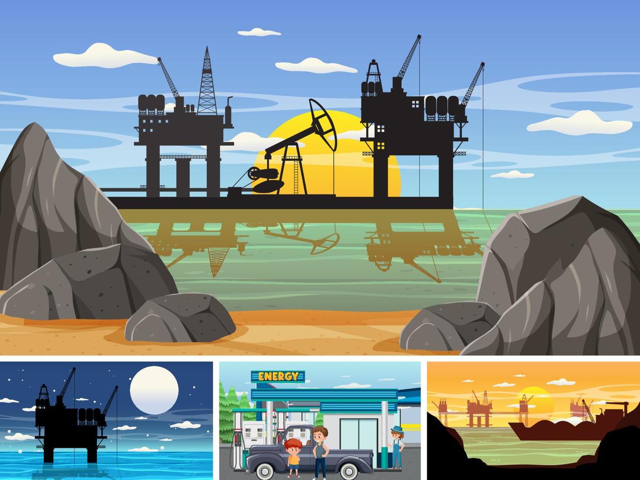 quatre scènes différentes de l'industrie pétrolière vecteur
