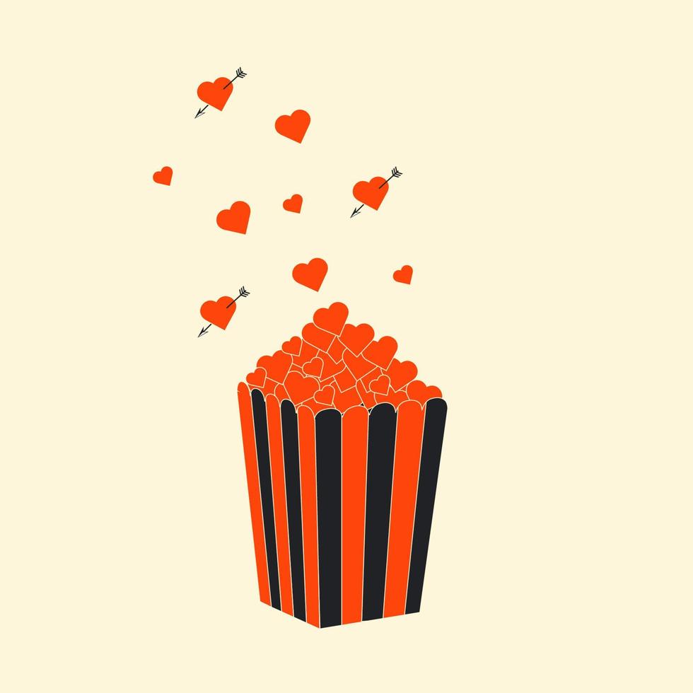 illustration de pop-corn à partir de laquelle les cœurs sortent. images de films romantiques. vecteur