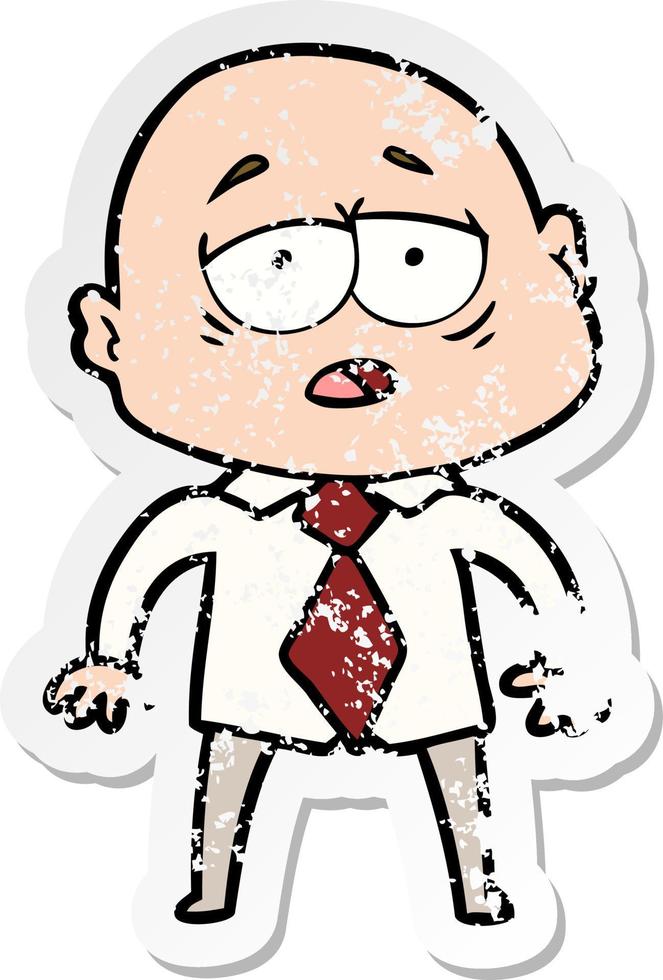 autocollant en détresse d'un homme chauve fatigué de dessin animé en chemise et cravate vecteur