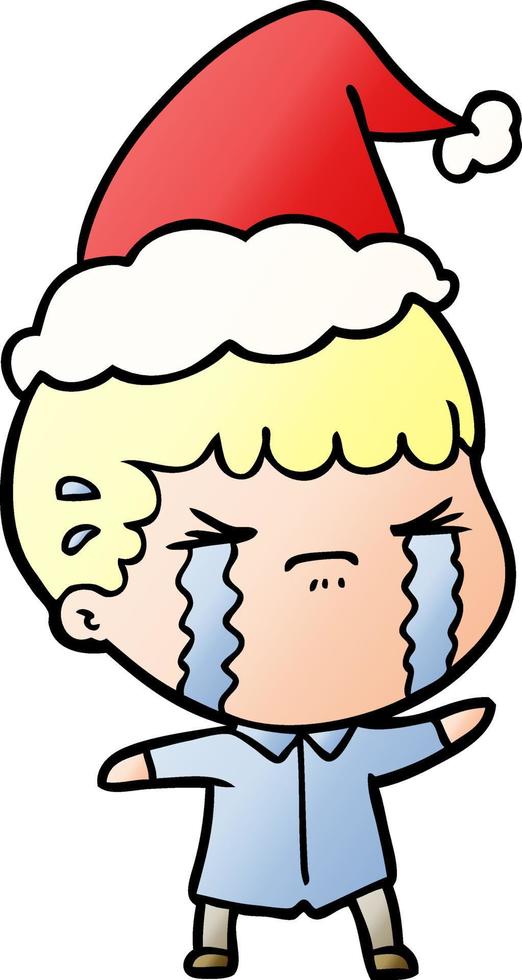 dessin animé dégradé d'un homme qui pleure portant un bonnet de noel vecteur