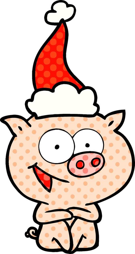 Joyeux cochon assis style bande dessinée illustration d'un bonnet de noel vecteur