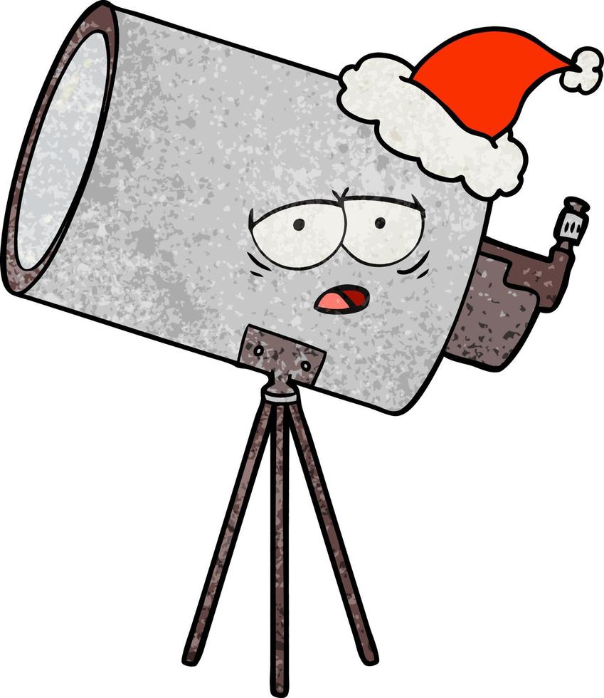 caricature texturée d'un télescope ennuyé avec un visage portant un bonnet de noel vecteur