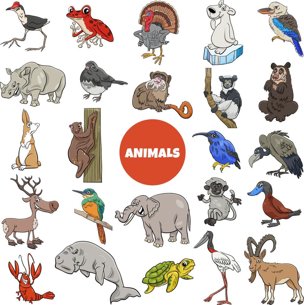 grand ensemble de personnages d'espèces d'animaux sauvages de dessin animé vecteur