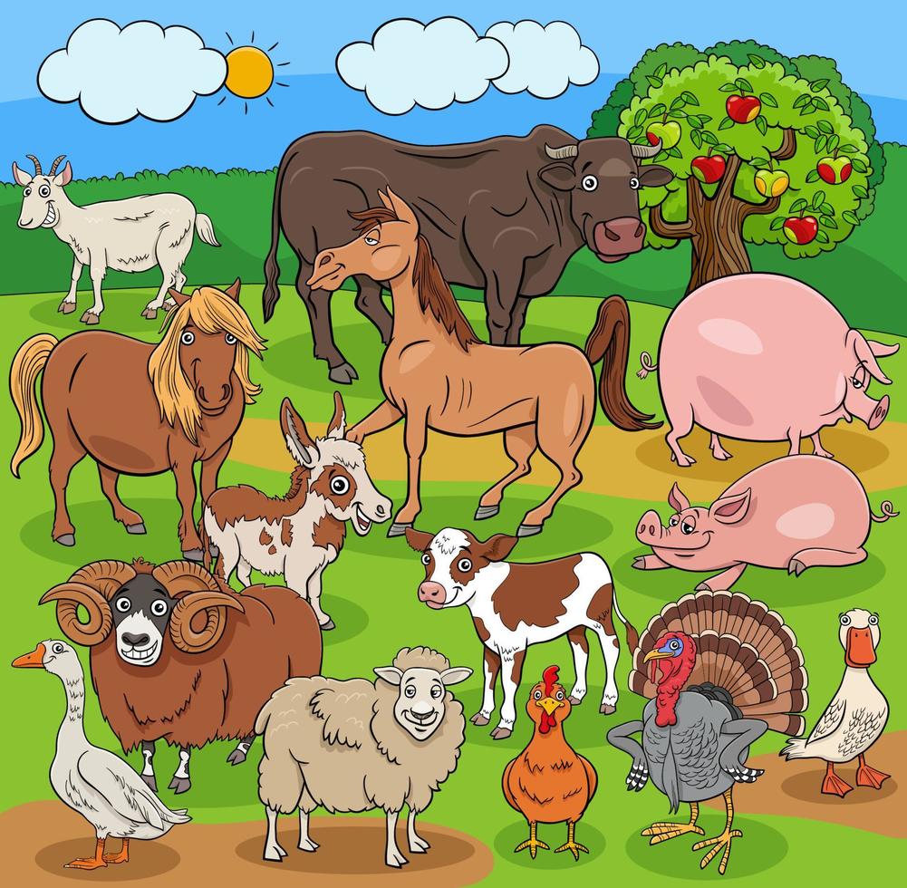 groupe de personnages d'animaux de ferme de dessin animé drôle vecteur