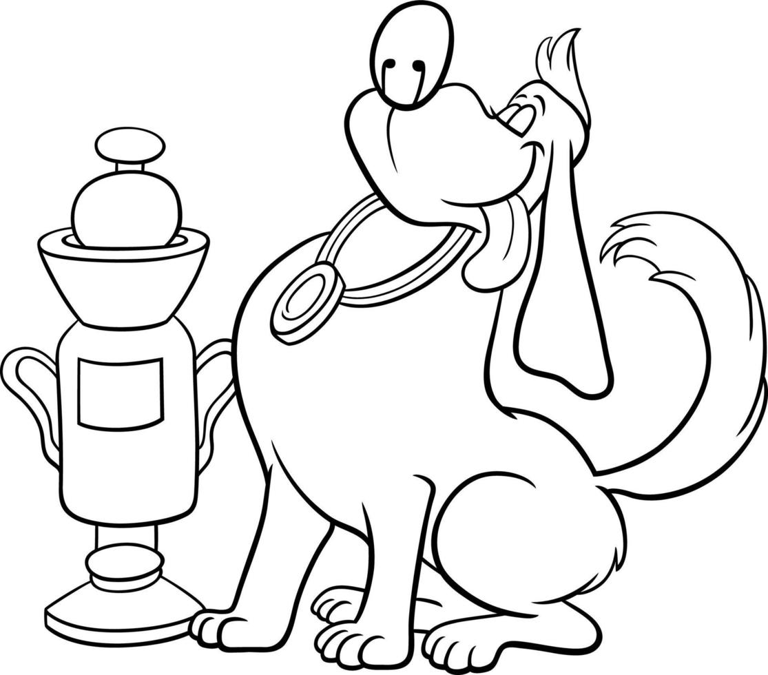 chien de dessin animé avec une tasse de la page de coloriage de l'exposition canine vecteur