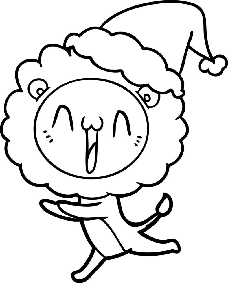 heureux dessin au trait d'un lion portant un bonnet de noel vecteur