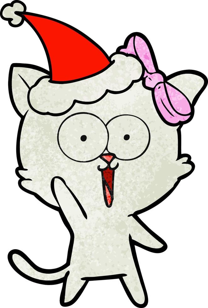 dessin animé texturé d'un chat portant un bonnet de noel vecteur