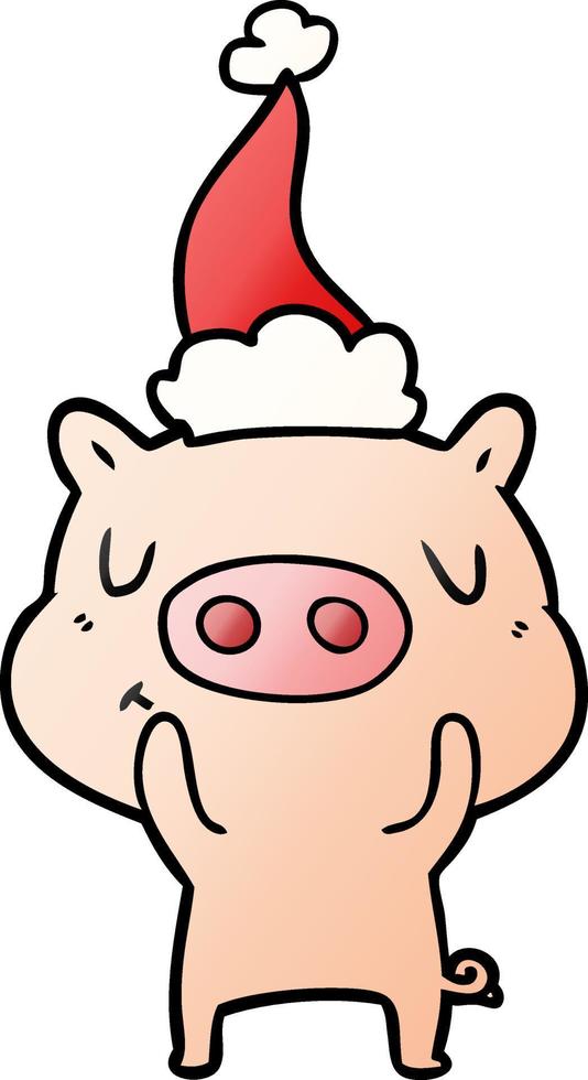 dessin animé dégradé d'un cochon de contenu portant un bonnet de noel vecteur